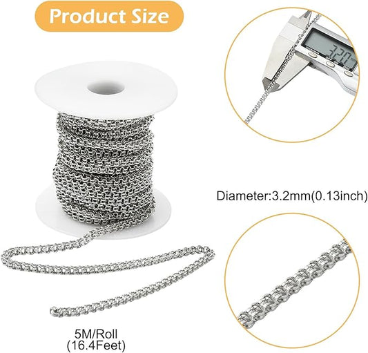 LiQunSweet 16.4 Feet(5m) 304 Stainless Steel Cross Chain Unfinished Cable Chains Link with Spool Roll Stainless Steel Chain Bulk for Jewelry Making - 3.2mm