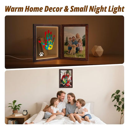Family Handprint Kit with Light, 5 Non-Toxic Paints, Hand Prints Ornament Keepsake Frame for 4, DIY Craft Gift for New Parents & Mom & Baby, Grandparents, Mother's Day, Father's Day