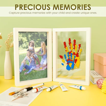 Family Handprint Kit, Family Handprint Photo Frame, Baby Hand and Footprint Handmade Keepsake Wooden Frame with 4 Non-Toxic Baby-Safe Paint, Hand print Art Craft DIY Kit for Home Mother's Day and more