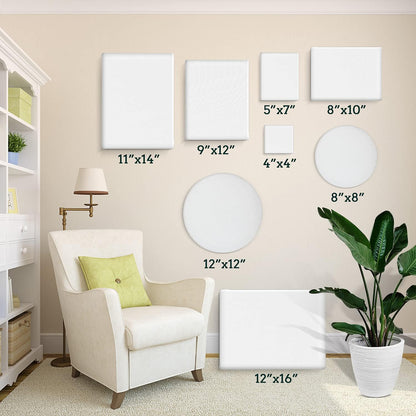 24 Pack Canvases for Painting with 4"x4", 5"x7", 8"x10", 9"x12", 11"x14", 12"x16", Round Canvas with 12"x12", 8"x8", 3 of Each, Painting Canvas for Oil & Acrylic Paint.