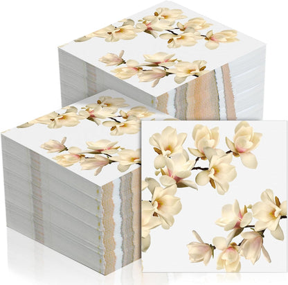 60 Pcs White Magnolia Floral Cocktail Paper Napkins 6.5 x 6.5 Inches Disposable Paper Napkins Dessert Beverage Tissue for Decoupage Luncheon Tissue for Theme Party Wedding Birthday Party
