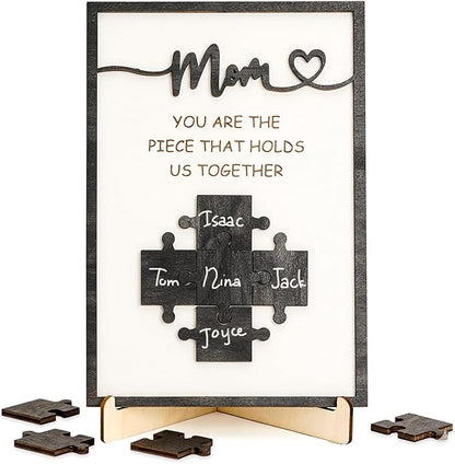 Mom You are The Piece that Holds Us Together Wooden Decor Sign, Personalized for Mom, Custom Family Name Puzzle Plaque, Mothers Day Sign Gift, Unique Home Keepsake