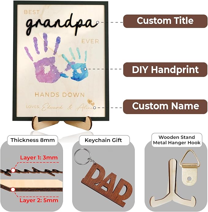 Dad Hand Print Sign Personalized Father Birthday Gifts Wooden Plaque Family Name Best Dad Ever Hands Down Frame Engraved Art Craft Gift For Grandpa Daddy Papa from Daughter Son Wife