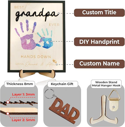 Dad Hand Print Sign Personalized Father Birthday Gifts Wooden Plaque Family Name Best Dad Ever Hands Down Frame Engraved Art Craft Gift For Grandpa Daddy Papa from Daughter Son Wife