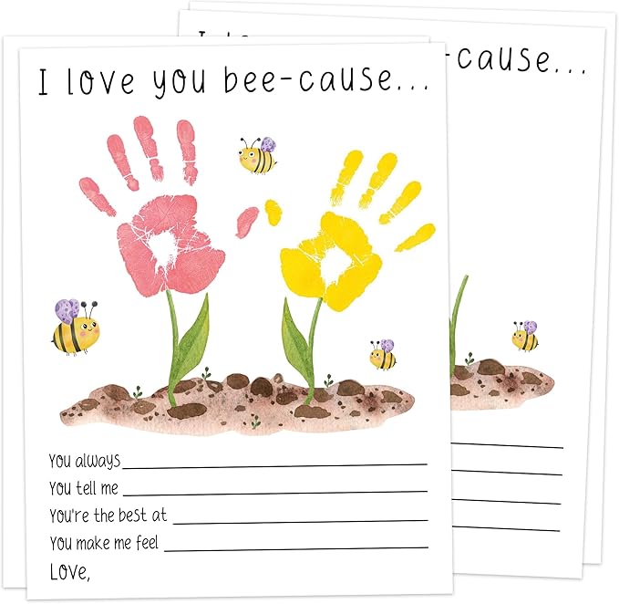 I Love You Bee-cause Handprint Keepsake Card Making Kit, 10 Funny Personalized Mothers Day Cards Bulk for Mom from Daughter or Son, Mothers Day Birthday Family Gifts for New Parents, Gifts for Grandma