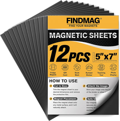 FINDMAG Magnet Sheets Adhesive, 5" x 7" 12 Pack Magnetic Stickers with 3M Self Adhesive Backing, Cuttable and Flexible Magnetic Sheets for Refrigerator, Magnet Strips with Stickers for Craft and DIY