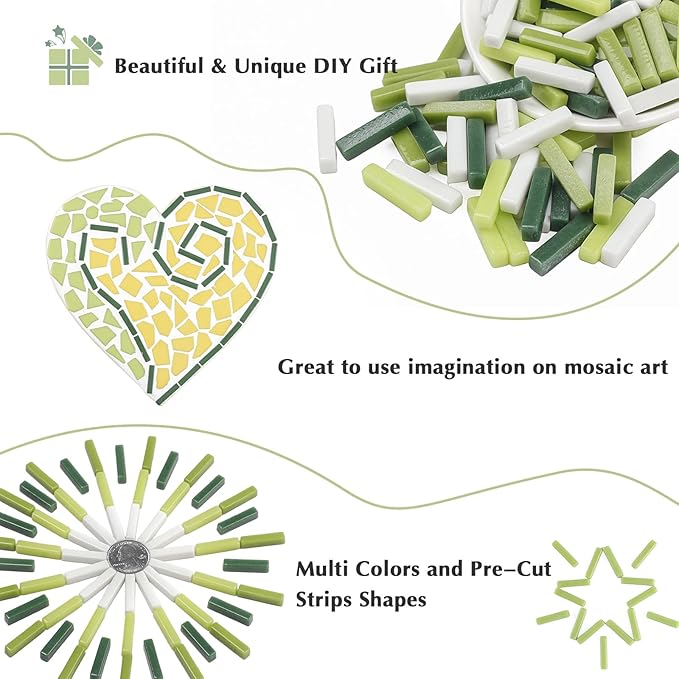 Youway Style Mosaic Tiles for Crafts Bulk,200g Green Colors Mosaic Glass Pieces,Strips Shapes Glass Tiles for DIY Crafts Art,Mosaic Supplies and Mosaic Projects (Multi-Green)