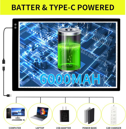 YINGWOND A1 Large Rechargeable Light Pad,Diamond Art Light Board with 3 Color Modes,6 Levels and Stepless Dimming,Battery Powered Light Box for Tracing,Diamond Painting,Drawing,Sketching