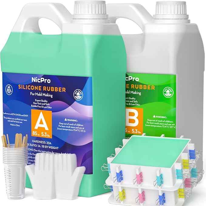 Nicpro 170oz Silicone Mold Making Kit, 20A Platinum Liquid Silicone Rubber, Jade Green Flexible, Silicone Molds Maker Mix Ratio 1:1 for Casting 3D Resins Molds DIY with 2PCS Molds Housing, Mixing Cups