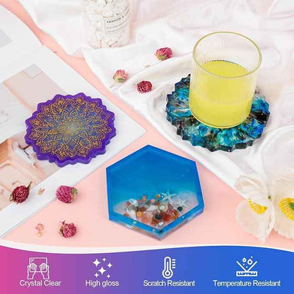 KISREL Epoxy Resin Kit for Beginners, 32oz Resin Kit with Coaster Molds, Complete Accessories Include Pigment, Mica Powders, Dried Flowers, Glitter, Measuring Cups and Other Resina Supplie
