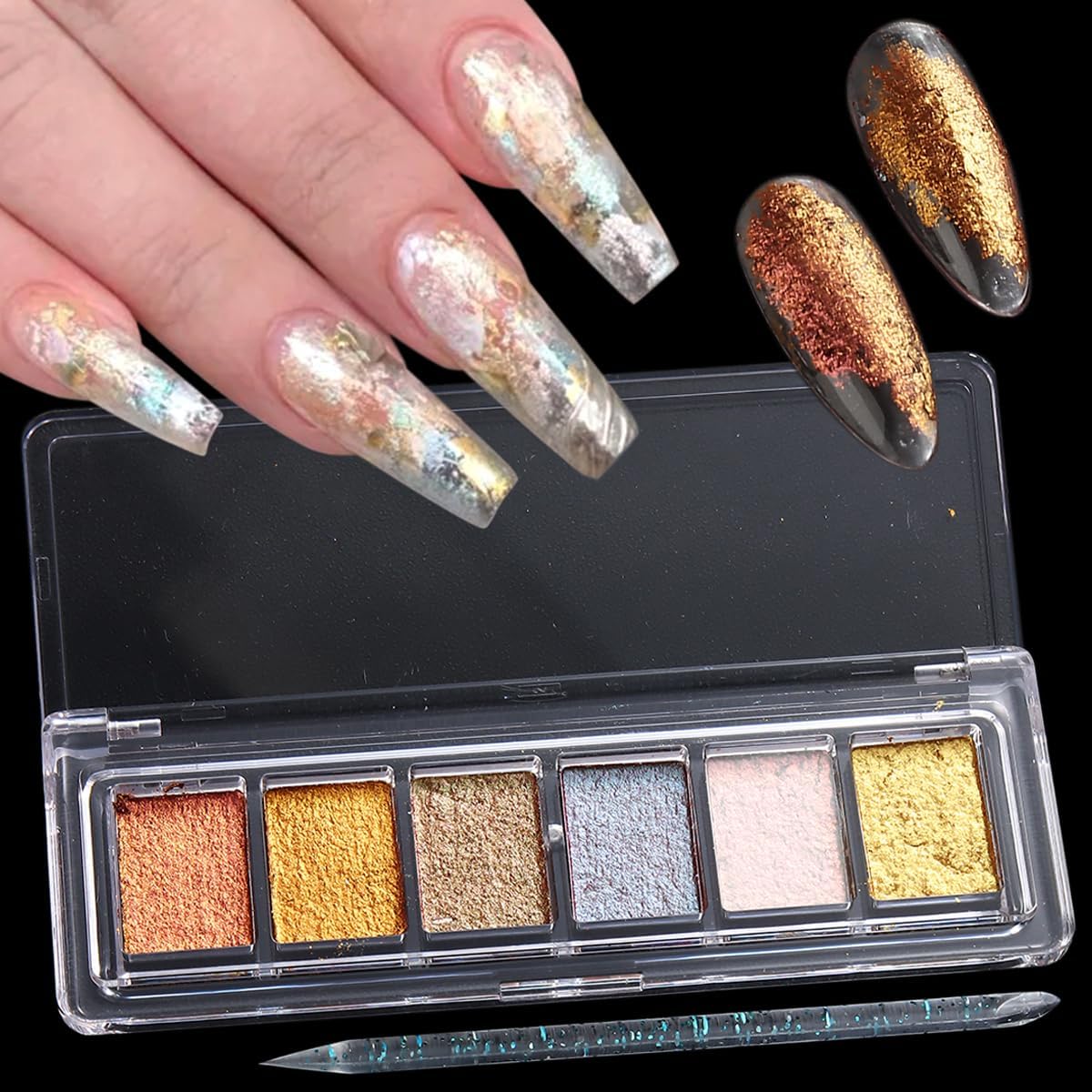 Metallic Nail Art Glitter Set, 6 Colors Gold Flakes for Nails, Mud Texture, Gold Leaf Chameleon Chrome Flakes, Golden Foils Nail Art Decoration, Professional Manicure Supplies