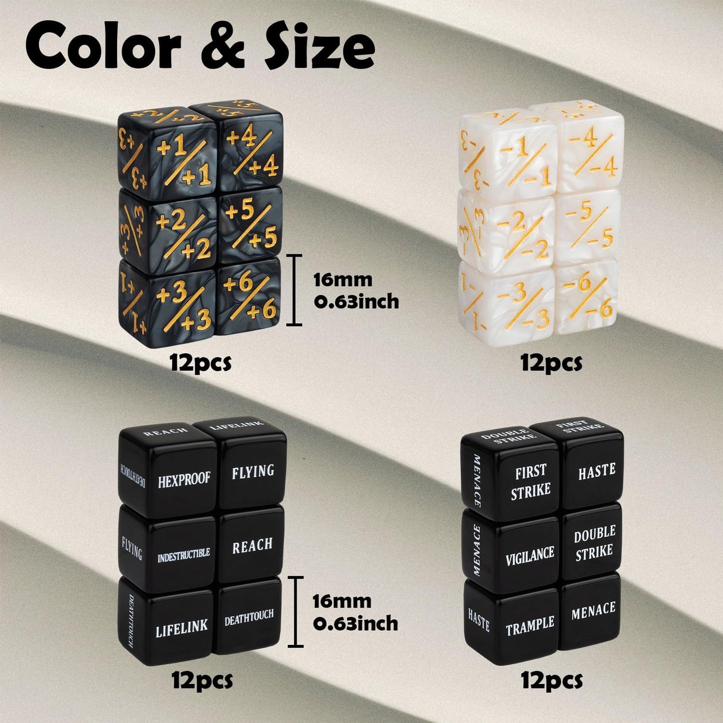 48 PCS MTG Dice Counters Bulk Black Ability Keywords Counter Marble Life Buff Tokens Dice Compatible with Magic The Gathering Cards Game Accessories