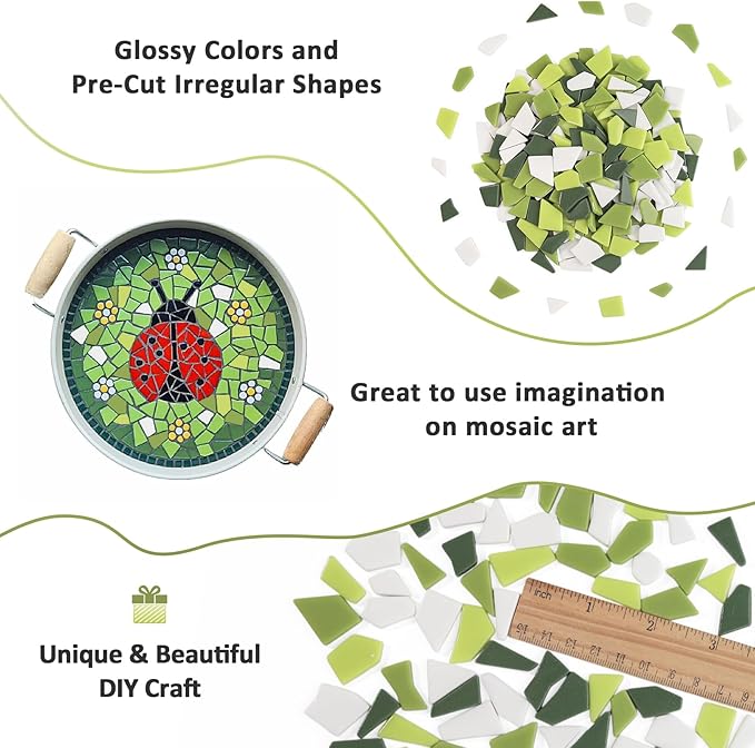 Youway Style Green Glass Mosaic Tiles for Crafts Bulk,454g Broken Glass Pieces for Mosaic Art Crafts,Garden Mosaic Supplies (Mixed Green)