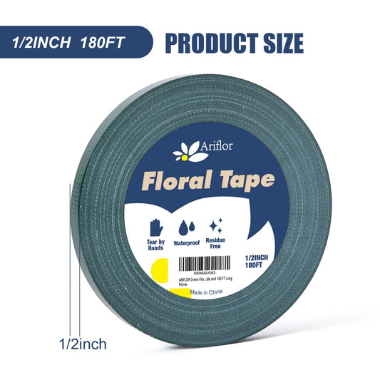 Green Floral Tape - Flower Wrap Adhesive Tape Bouquet Stem Wrapping and Floral Crafts, Wedding Bouquet Tape - 1/2 inch Wide and 180 FT Long