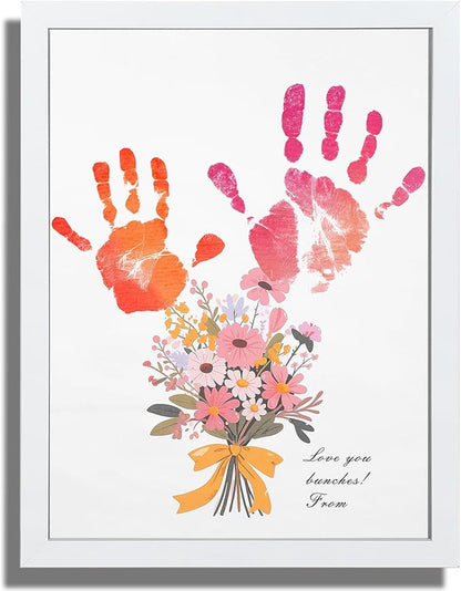 Bixinyo Flower Bouquet Handprint Kit, Mother's Day Gifts for Grandma, Mom, Grandparents from Daughter/Kids, Unique Gifts for Birthday Christmas, DIY Art Craft 12" X 16" Frame (Bow, White)