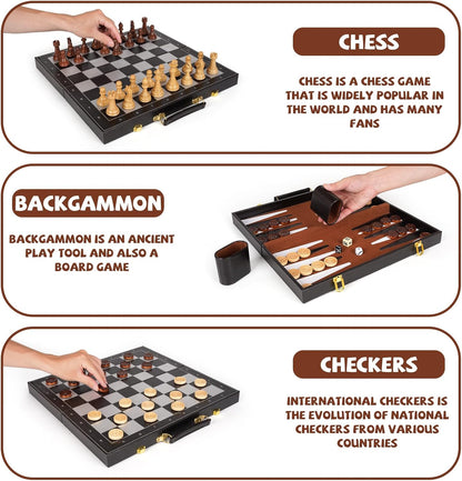 Chess Checkers Backgammon Set 3-in-1 Board Games Sets for Kids & Adults，15" Folding Magnetic Chess Set Leather Chess Board Strategy Game Portable Travel Chess Game with Magnetic Chess Pieces