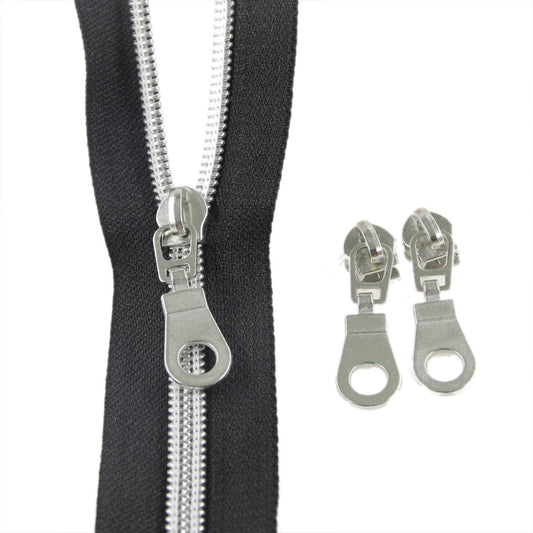 Leekayer #5 Silver Metallic Nylon Coil Zippers by The Yard Bulk 10 Yards Black Tape with 25pcs Silver Sliders for DIY Sewing Tailor Craft Bag(Black)
