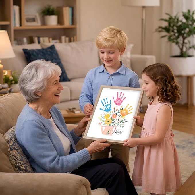 Totomogug Handprint Flower Bouquet Art Kit – 2 Large Sheets (12"x16") with Wood Frame, Non-Toxic 6-Color Inkpad, DIY Keepsake Craft Gift for Mom & Grandma for Mother's Day Birthday Thanksgiving