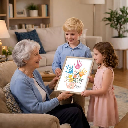Totomogug Handprint Flower Bouquet Art Kit – 2 Large Sheets (12"x16") with Wood Frame, Non-Toxic 6-Color Inkpad, DIY Keepsake Craft Gift for Mom & Grandma for Mother's Day Birthday Thanksgiving