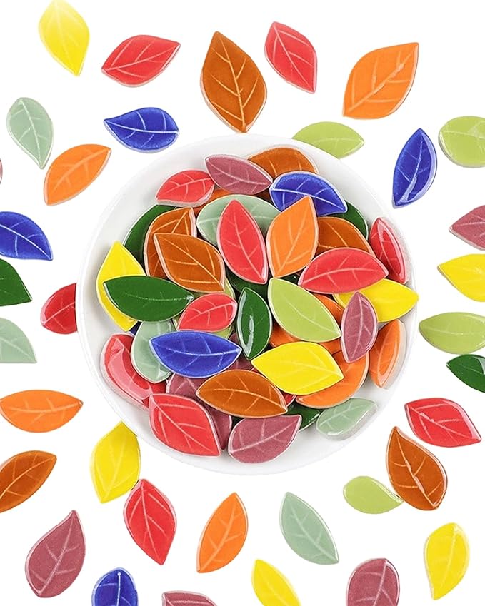 200g Mixed Sizes Leaves Mosaic Tiles for Craft Bulk, Small Ceramic DIY Stepping Stone Kit, Glazed Porcelain Tiles for Coasters Lamp Bathroom Decorations (Red)