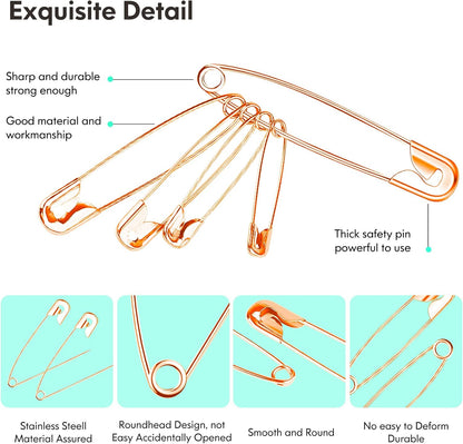 340 Pack Safety Pins Assorted, 5 Different Sizes Small and Large Safety Pins for Clothes Costume, Nickel Plated Steel Bulk, Sewing Crafts Art Supplies, Rose Gold