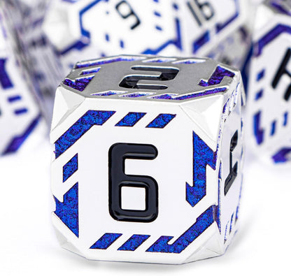 Metal DND Sci-fi Dice Set 7PCS Stripe Polyhedral Dice for Dungeons Dragons RPG Role Playing Game, Glitter D and D Dice with Gift Box D6 D8 D10 D12 D20 (Silver Blue)
