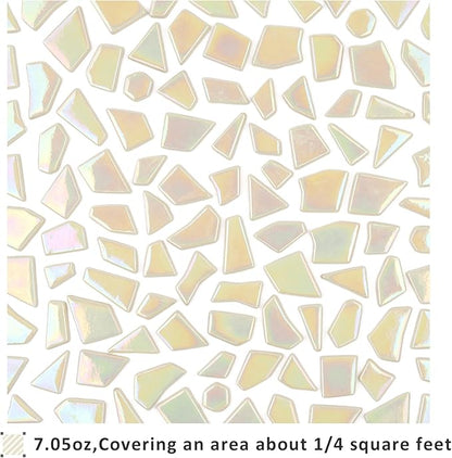 Youway Style Iridescent Cream Glass Mosaic Tiles for Crafs Bulk,200g Broken Stained Glass Pieces for Crafts DIY Mosaic Art Decor
