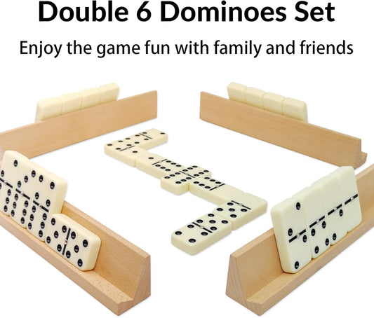 Dominos Set for Adults with 4 Wooden Racks, Double 6 Dominoes Game Set with 28 Colored Domino Tiles Double Six Dominos Set with Travel Case - Classic Board Games
