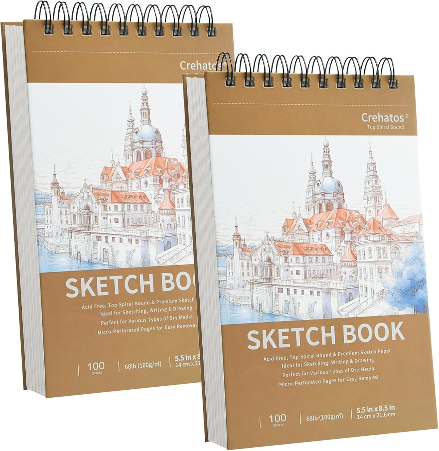 Crehatos 5.5" x 8.5" Small Sketch Book, Top Spiral Bound Sketch Pad, 100 Sheets Each 68lb/100gsm Drawing Paper, 2 Pack - Crafty Corner