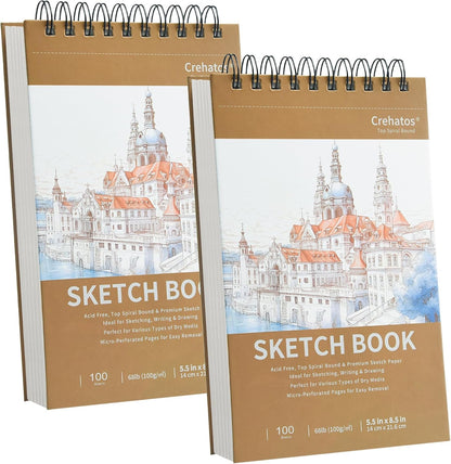Crehatos 5.5" x 8.5" Small Sketch Book, Top Spiral Bound Sketch Pad, 100 Sheets Each 68lb/100gsm Drawing Paper, 2 Pack - Crafty Corner