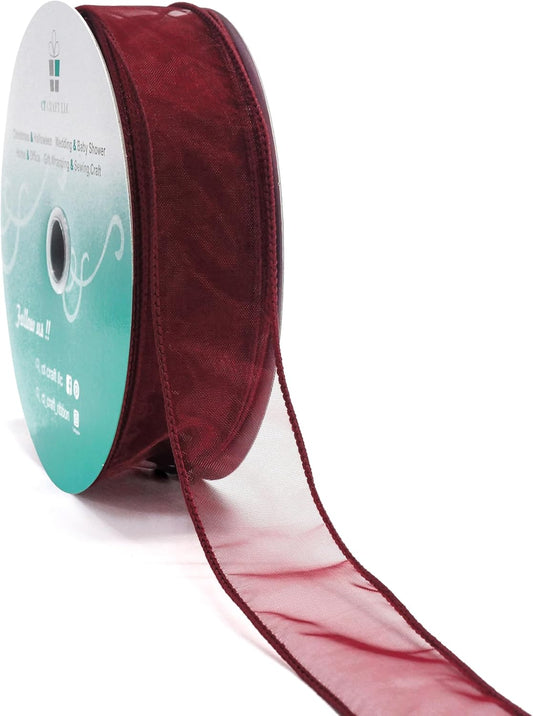 CT CRAFT LLC Sheer Organza Wired Ribbon 1.5" x 50Yards Burgundy for Wedding Chair Bow Flora Bouquet Gift Wrapping Christmas Tree Home Decor Wreath - Crafty Corner