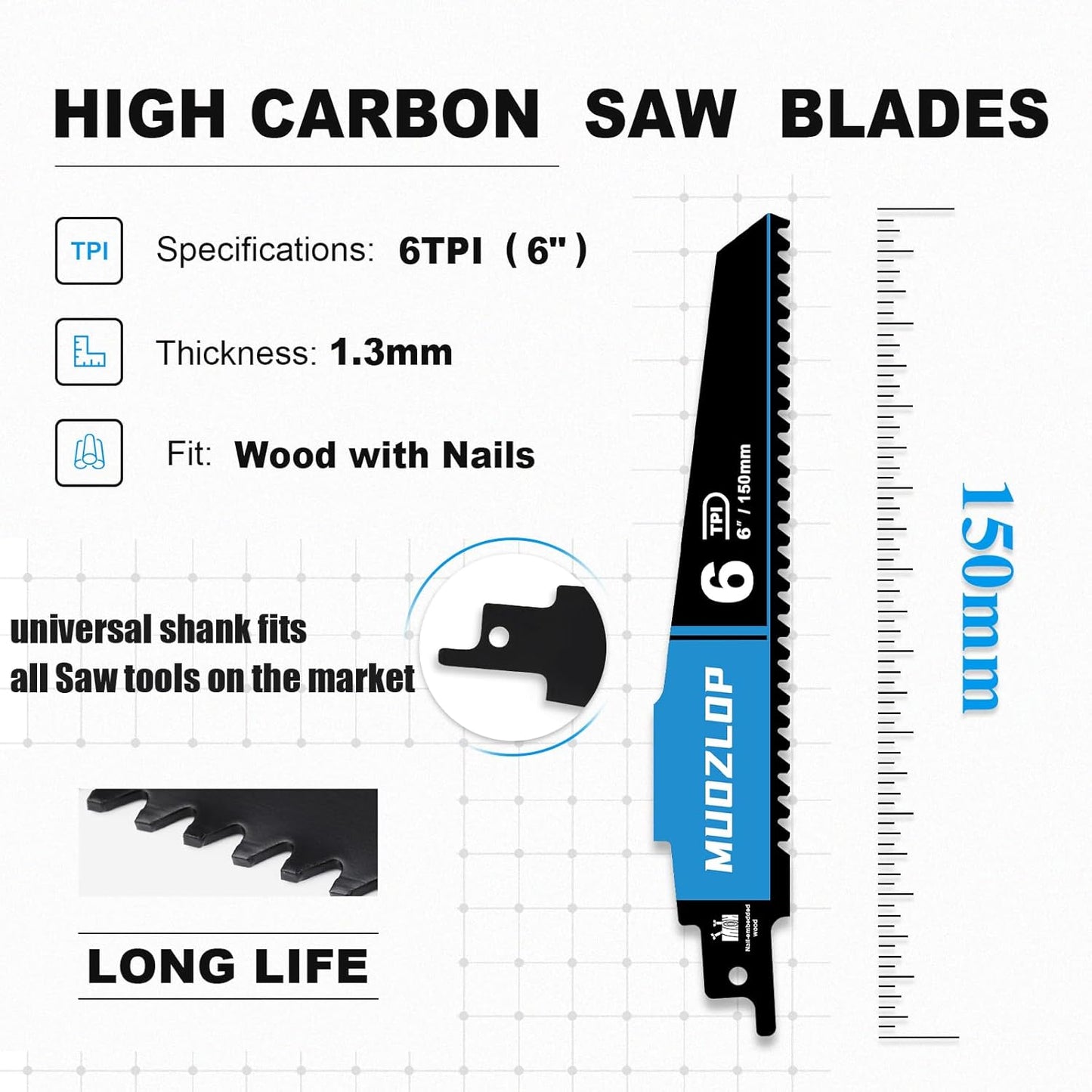 5 Pack 6 inch Reciprocating Saw Blades Set，6 TPI High Carbon Saw Blades for Wood with Nails ，Saw Blades with Organizer Case (5, 6T/6inch)
