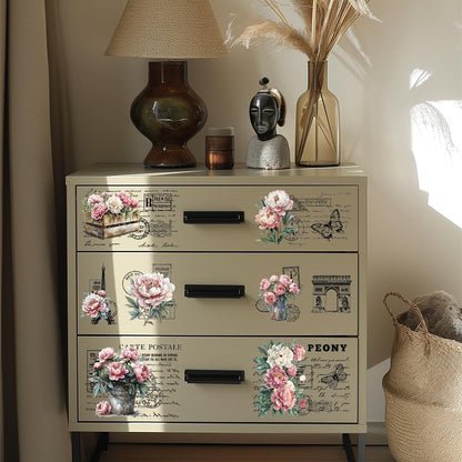 GLOBLELAND 3 Sheets Vintage Pink Peony Background Furniture Transfer 6x12inch Retro Romance Text Rub on Transfer Self-Adhesive Wall Art Decals for Bedroom Living Room Desk Table Decoration