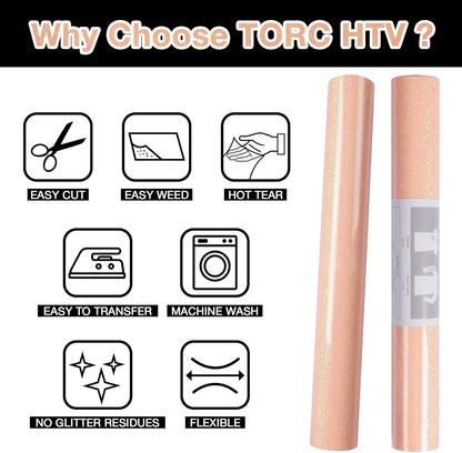 TORC Blush Glitter HTV Heat Transfer Vinyl 2 Rolls Iron on Vinyl for T Shirts Crafts 12 inch x 5 ft