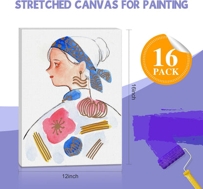 ESRICH Stretched Canvas for Painting 12x16 Inch, 16 Pack Blank Canvas -5/8 in Profile Primed Cotton White Canvases for Painting for Oil & Acrylic Paint