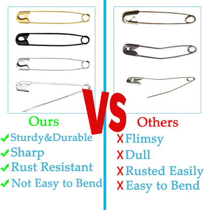 60PCS Safety Pins, 3 inch Large Safety Pins, Rust-Resistant Nickel Plated Steel, Sharp Edge Safety Pin for Clothes, Sewing, Arts & Craft, 75mm Decorative SafetyPins (Gold)