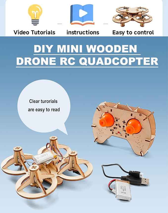 DIY Wooden Drone Building Kit, Wooden Drone Model Kit, DIY Mini Wood Drones RC Quadcopter, Creative Aircraft, Assembly Quadrotor Drones Model with 4-Axis Flight (B)