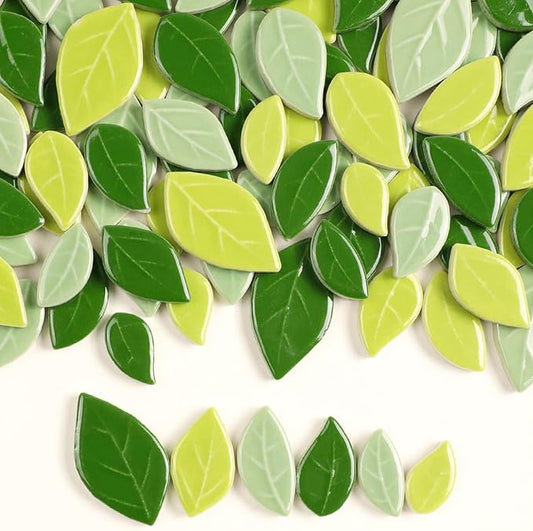 Mosaic Tiles for Crafts Bulk - Mini Ceramic Oak Leaves Pieces for DIY Kits & Adults DIY Mosaic Making Hobbies Decoration Stepping Stone and etc. (Green Ceramic Rhomboid Leaf Mix)