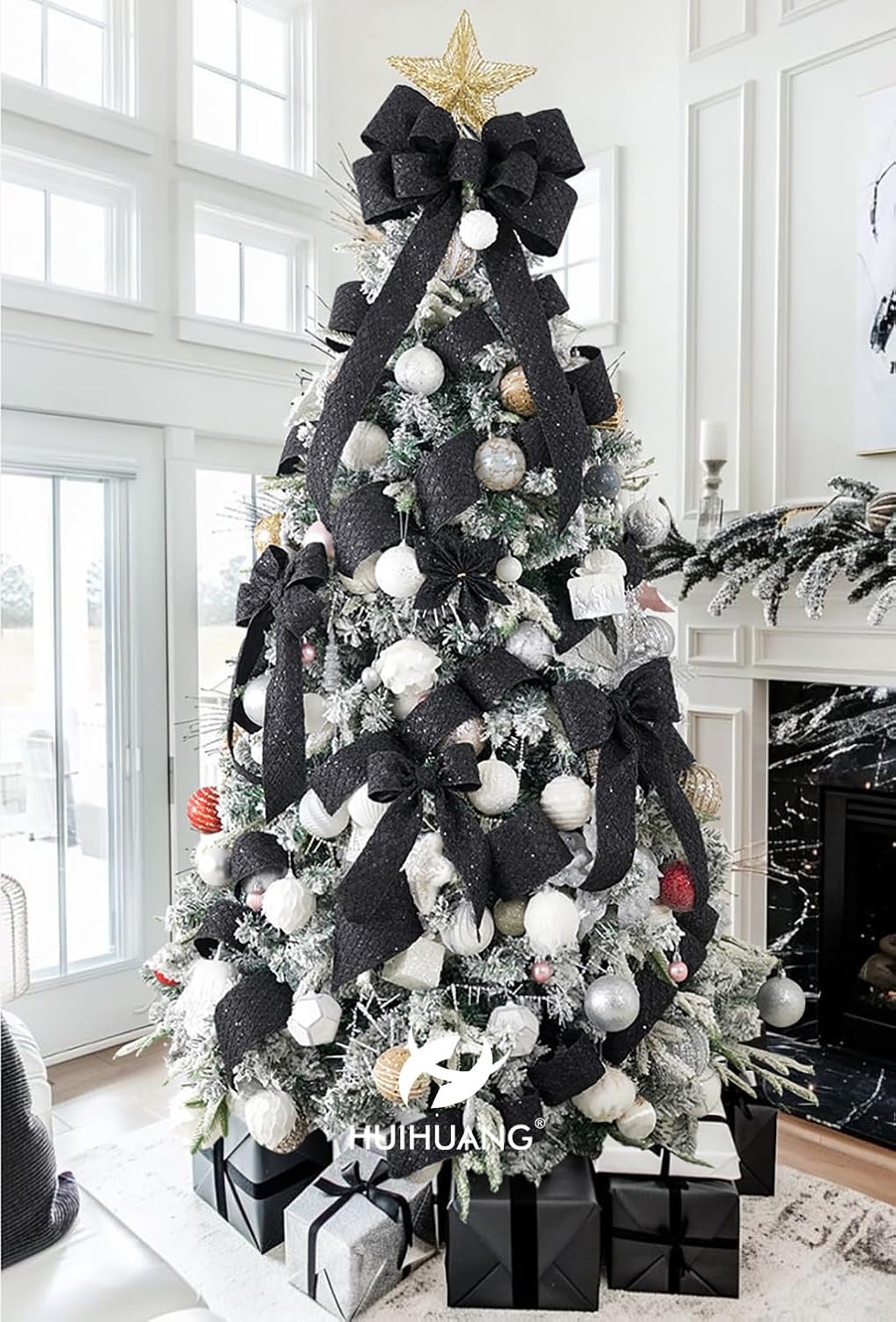 HUIHUANG Glitter Black Wired Ribbon for Christmas Tree 2.5 inch Black Diamond Mesh Wire Ribbon for Tree Decoration, Wreaths, Garland, Gift Wrapping, Bows Making, Halloween Decor -10 Yards - Crafty Corner