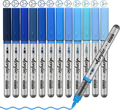 Blue Acrylic Paint Pens,12 Color Paint Pens Markers,Brush Tip Paint Pens for Rock Painting Wood Glass Ceramic Canvas Stone DIY Crafts Making Art Supplies