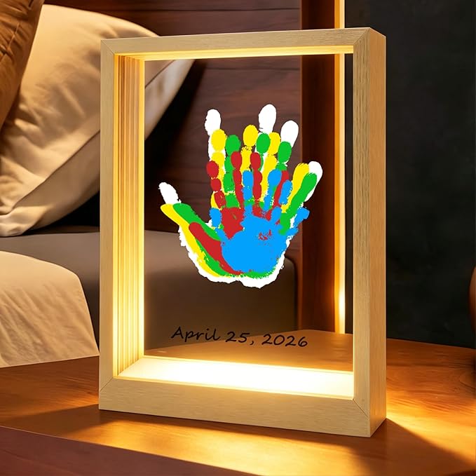 Bixinyo Family Handprint Kit with Light, Baby Hand and Footprint Keepsake Wooden Frame, Family Gifts for Mom, Women, New Parents, Mother's Day, Adoption Gifts, 5 Non-Toxic Paints (Light, Gold)
