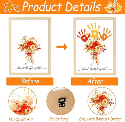Fall Thanksgiving Flower Bouquet Handprint Art Craft DIY Kit Thanksgiving Day DIY Gifts Fall Thankful Family Handprint Art Keepsake with Wood Frame for Mom Dad Friend Holiday Birthday 12x16 Inch