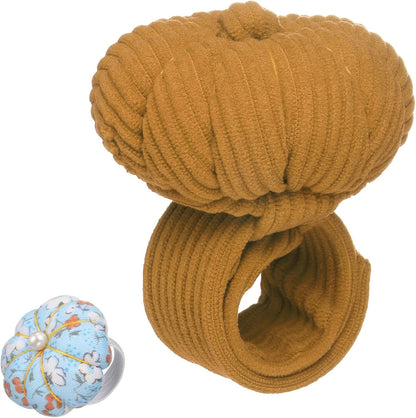 HARFINGTON Wrist Pin Cushions, Sewing Needle Pin Cushion Adjustable Strap with Elastic Strap Finger Ring Pincushions Fit All Wrist Sizes for Sewing Quilting Needlework DIY Crafts, Brown/Blue