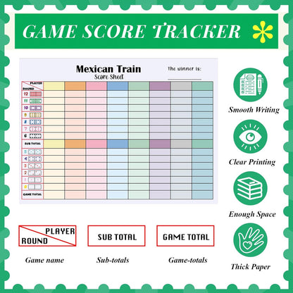 2 Pack 120 Sheets Mexican Train Score Pads Colorful Chicken Foot Dominoes Game Scorepad Adult Mexican Train Score Sheet Scoreboard Paper Record Clearly for Family Game (6.7 x 5 Inches)