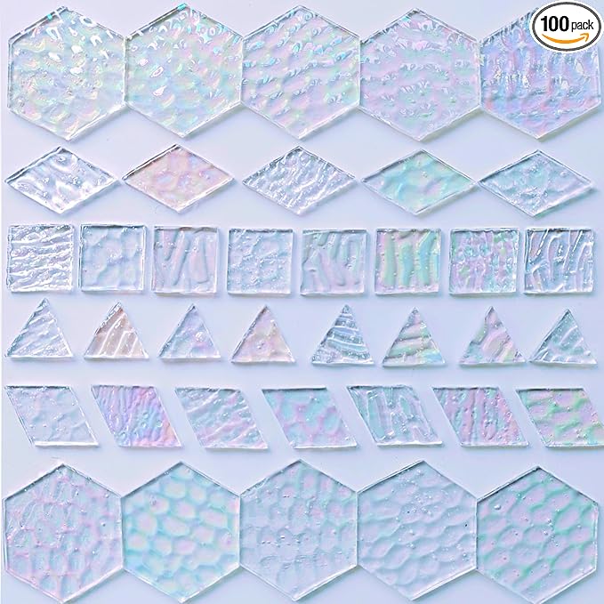 100 pcs Iridescent Glass Mosaic Tiles - 1 Inch Edge Length Mixed Shapes (Triangle, Diamond, Square, Hexagon) for DIY Crafts, Home Decor | Bulk Precut White Clear Pieces for Mosaic Art Kits