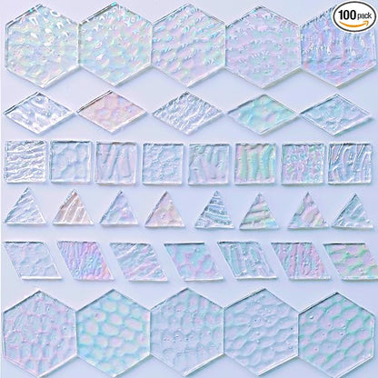 100 pcs Iridescent Glass Mosaic Tiles - 1 Inch Edge Length Mixed Shapes (Triangle, Diamond, Square, Hexagon) for DIY Crafts, Home Decor | Bulk Precut White Clear Pieces for Mosaic Art Kits