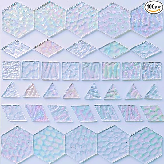 100 pcs Iridescent Glass Mosaic Tiles - 1 Inch Edge Length Mixed Shapes (Triangle, Diamond, Square, Hexagon) for DIY Crafts, Home Decor | Bulk Precut White Clear Pieces for Mosaic Art Kits