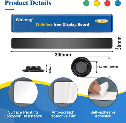 Wukong 10 Pack | 30x3cm(11.81 x 1.18) Magnetic Stainless Black Boards Strips, Adhesive Backing Bulletin Bar Board, Memo Board with 32Pcs Colorful Magnets for Office, Home, Photo Wall, Documents