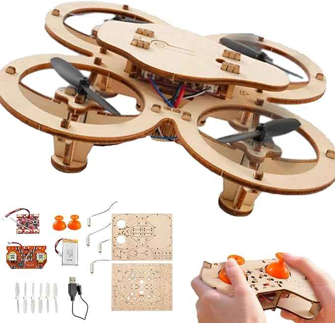 DIY Wooden Drone Building Kit, Wooden Drone Model Kit, DIY Mini Wood Drones RC Quadcopter, Creative Aircraft, Assembly Quadrotor Drones Model with 4-Axis Flight (A)