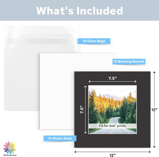 Mat Board Center, Pack of 10, 12x12 for 8x8 Black Mat Kit - Acid Free, 4-ply Thickness, White Core - Includes Backing Boards and Clear Bags - for Pictures, Photos, Framing